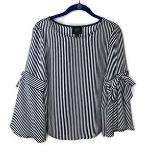 W5 Navy and White Stripe Blouse Bell Sleeve Tie Detail Size Small